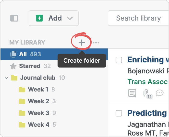 The sidebar with a “Create folder” tooltip over the circled plus button beside the My Library header, above All, Starred and the Journal club folder with its weekly subfolders.
